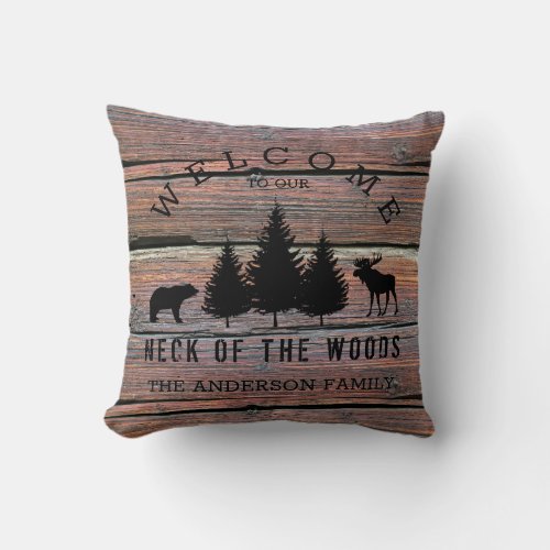 Distressed Wood Cozy Cabin Welcome Family Name Throw Pillow