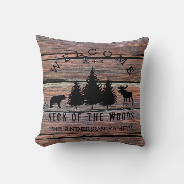 Distressed Wood Cozy Cabin Welcome Family Name Throw Pillow (Front)