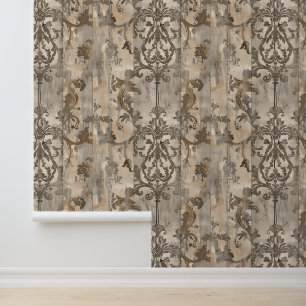 Distressed Wood Damask Vintage Wallpaper