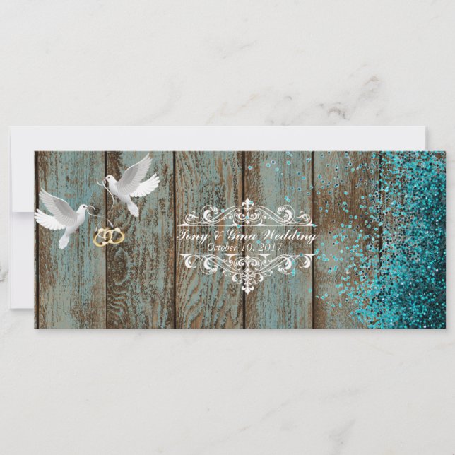 Distressed Wood & Doves Wedding RSVP w/ glitter Invitation (Front)