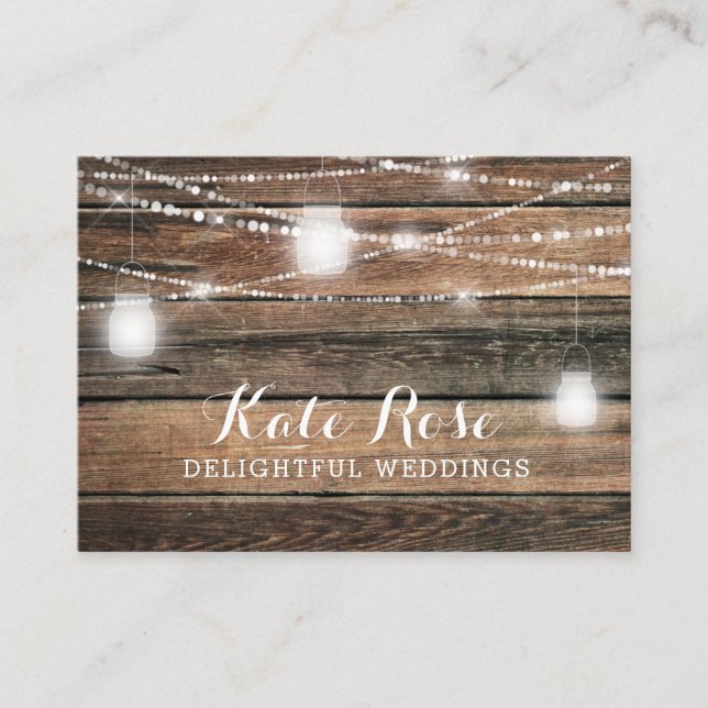 Distressed Wood Lights Mason Jars Wedding Business Card (Front)