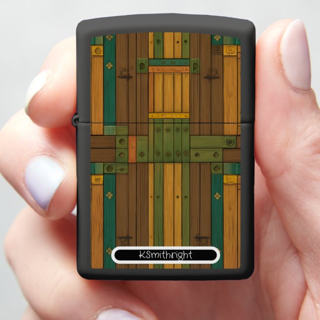 Distressed Wood Mosaic" - Custom Matte Black Zippo Lighter (In Hand)