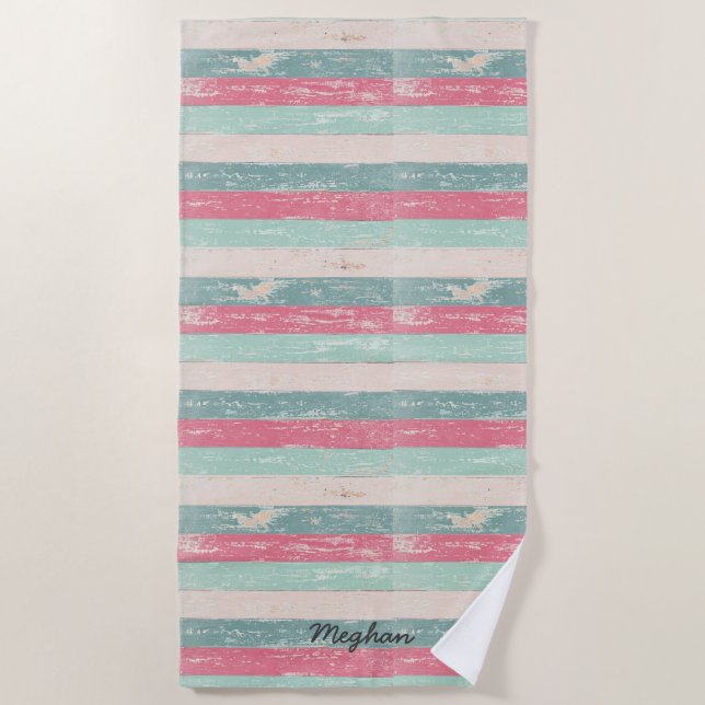 Distressed Wood Plank Personalized Beach Towel (Front)