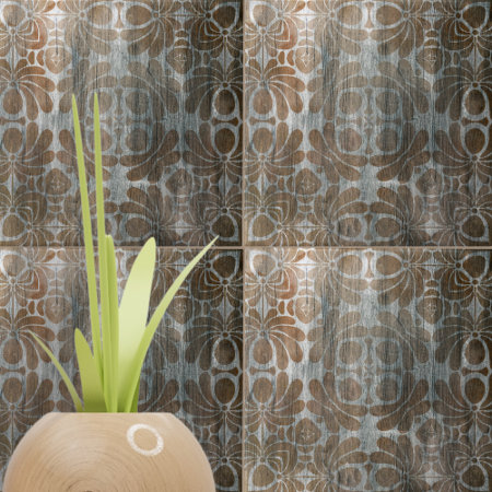 Distressed Wood Replica Brown Damask Ornate 