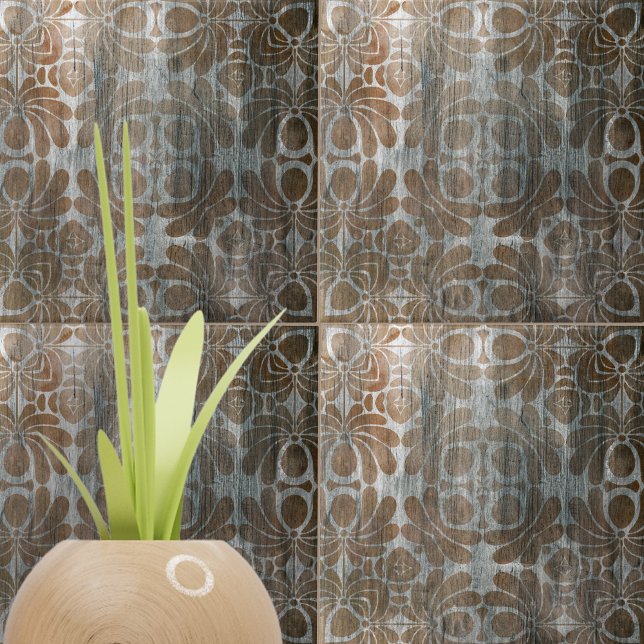 Distressed Wood Replica Brown Damask Ornate  Ceramic Tile (Creator Uploaded)