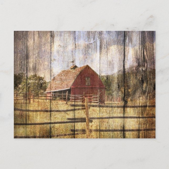 Distressed Wood Rustic Western Country Red Barn Postcard (Front)