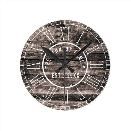 Distressed Wood White Roman Numerals Family Name  Round Clock