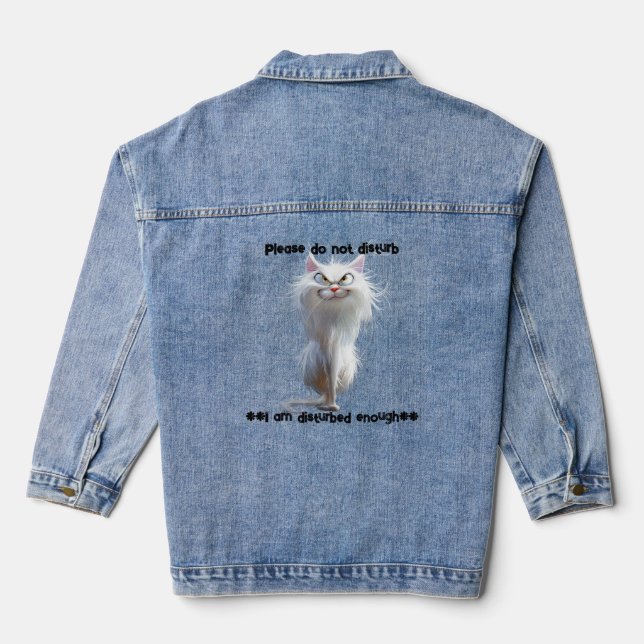 Disturbed White Fuzzy Cat "Do not disturb" Denim Jacket (Back)