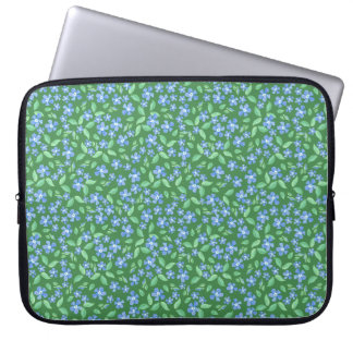 Ditsy Bright Blue Periwinkles on Green Floral Laptop Sleeve