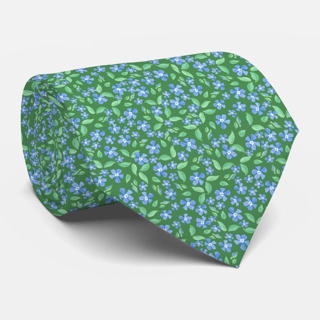 Ditsy Bright Blue Periwinkles on Green Floral Neck Tie (Rolled)