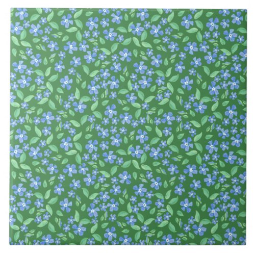 Ditsy Bright Blue Periwinkles on Green Floral Tile