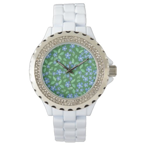 Ditsy Bright Blue Periwinkles on Green Floral Watch