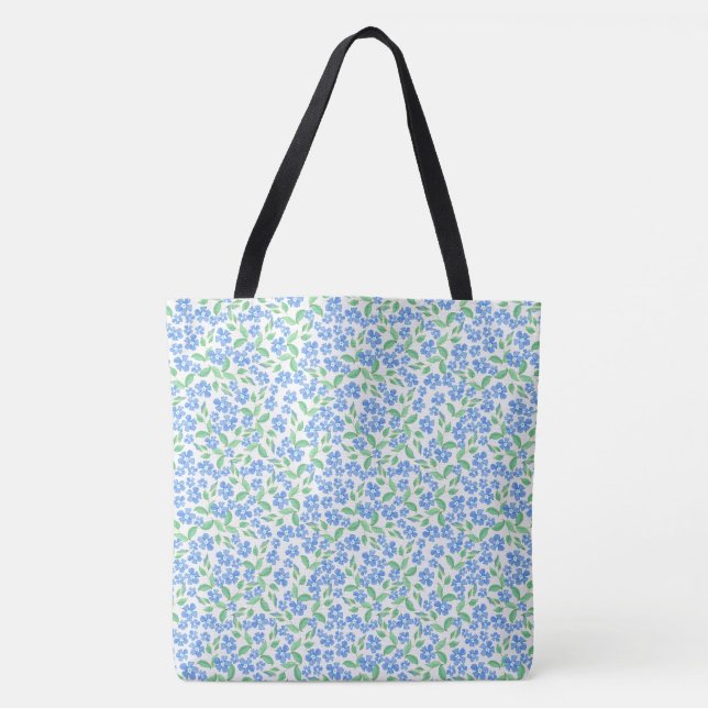 Ditsy Bright Blue Periwinkles on White Floral Tote Bag (Front)