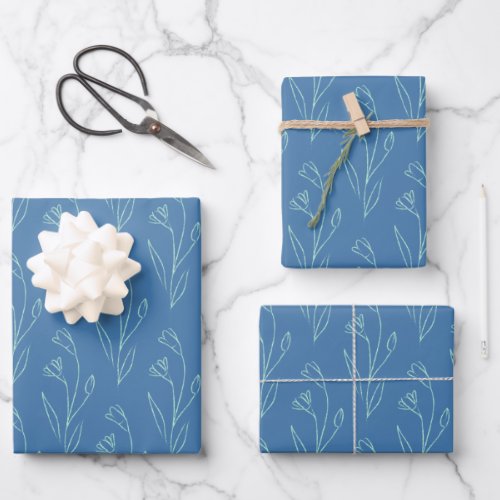 Ditsy Dainty Boho Floral Line Art Drawing in Blue Wrapping Paper Sheets