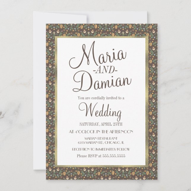 Ditsy Fall Leaves Greenery Pattern Wedding Invitation (Front)