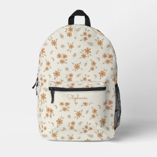 Ditsy Floral Boho Botanical Beige Girly Name Printed Backpack