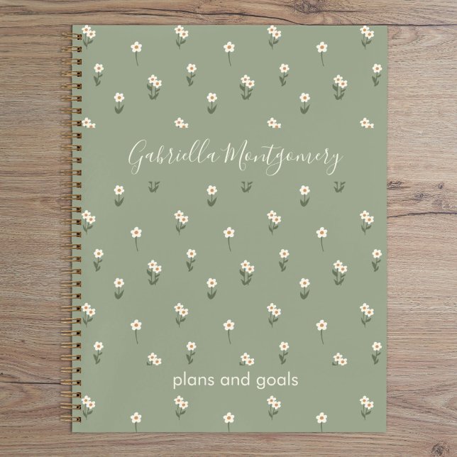 Ditsy Floral Boho Wildflower Sage Green Name Text Notebook (Creator Uploaded)