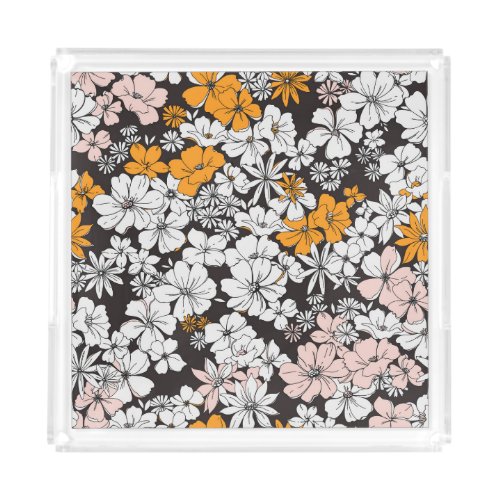 Ditsy Floral Colorful Dark Background Acrylic Tray
