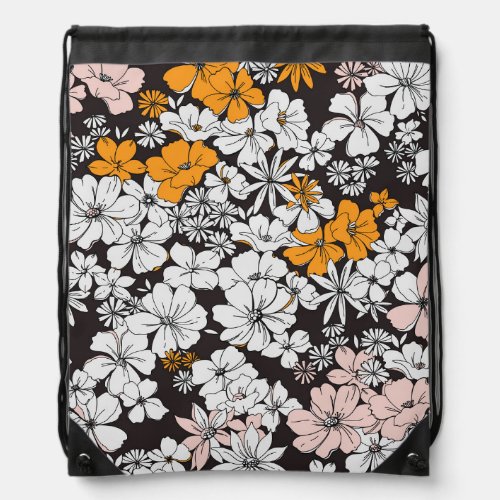 Ditsy Floral Colorful Dark Background Drawstring Bag
