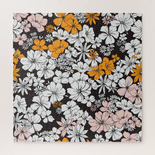 Ditsy Floral Colorful Dark Background Jigsaw Puzzle