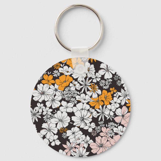 Ditsy Floral: Colorful Dark Background. Keychain (Front)