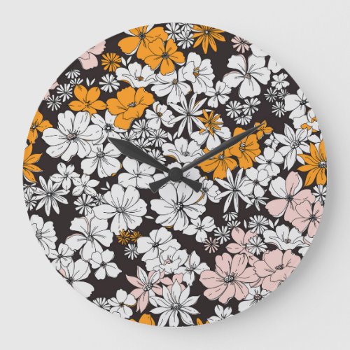 Ditsy Floral Colorful Dark Background Large Clock