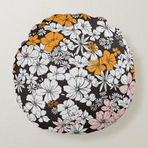 Ditsy Floral Colorful Dark Background Round Pillow