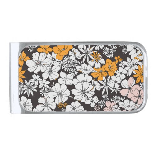 Ditsy Floral Colorful Dark Background Silver Finish Money Clip