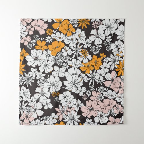 Ditsy Floral Colorful Dark Background Tapestry