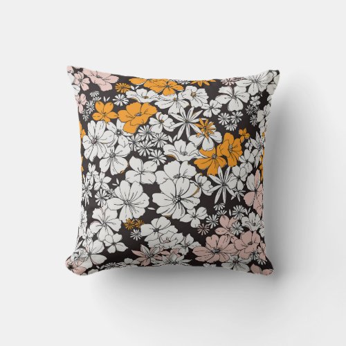 Ditsy Floral Colorful Dark Background Throw Pillow
