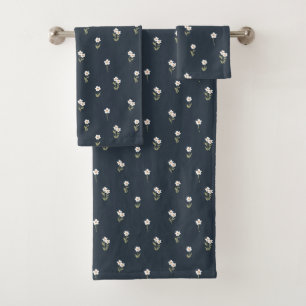 Ditsy Floral Cottagecore Boho Wildflower Dark Blue Bath Towel Set