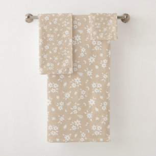 Ditsy Floral Muted Neutral Soft Pale Tan Taupe Bath Towel Set