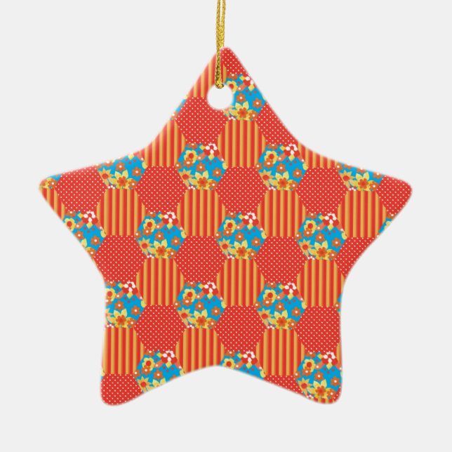 Ditsy Floral, Stripes, Polka Dots Patchwork Ceramic Ornament (Front)
