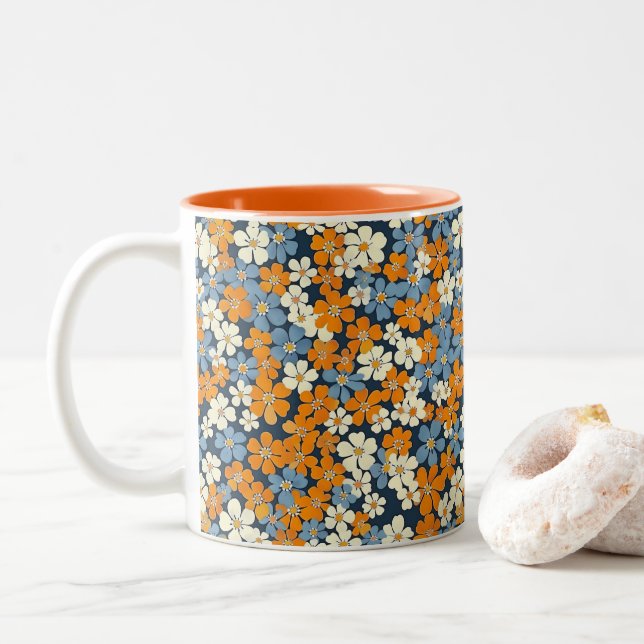 Ditsy Flowers Pattern  Two-Tone Coffee Mug (With Donut)