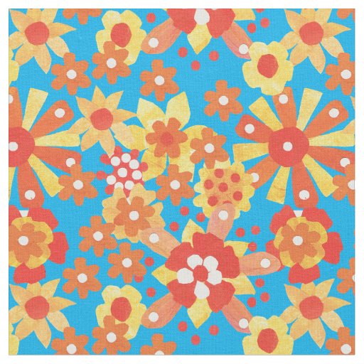 Ditsy Orange Floral Pattern on Turquoise Fabric