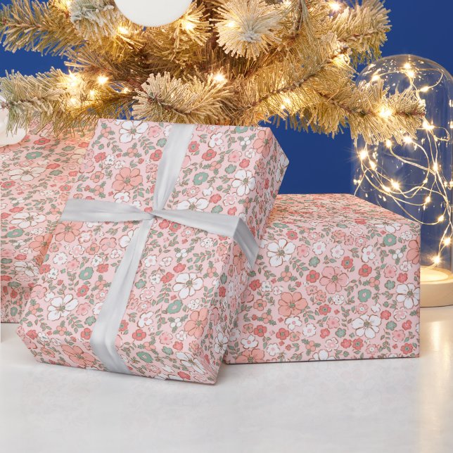 Ditsy Pink Christmas Floral Holly Wrapping Paper (Holidays)