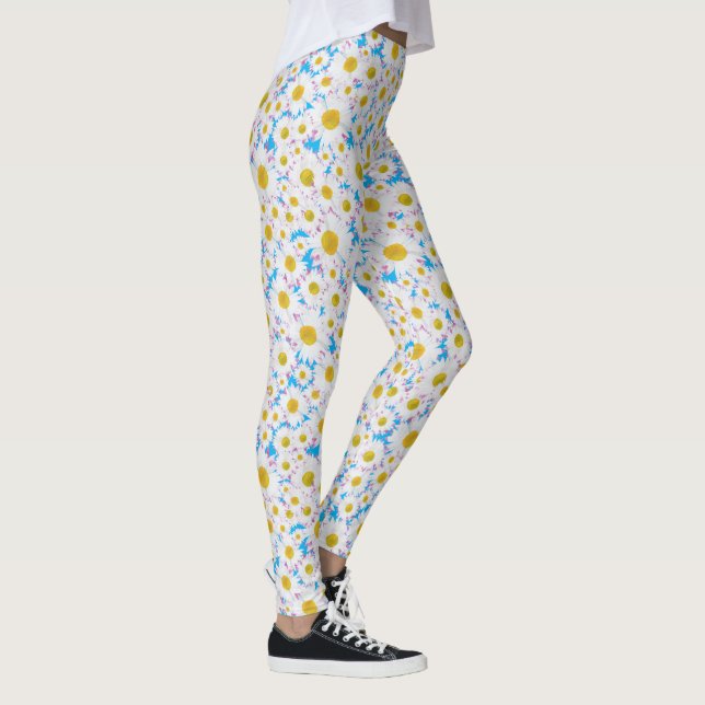 Ditsy White Daisies Pattern on Blue to Customize Leggings (Right)
