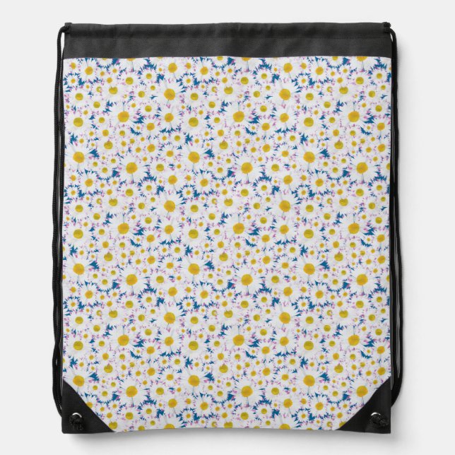 Ditsy White Daisy Pattern on Sky Blue Drawstring Bag (Front)