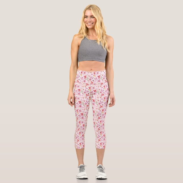 Ditsy Wild Flower Watercolor Capri Leggings (Front)
