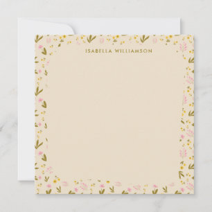 Ditsy Wildflower Border Pink Yellow Custom Name Note Card
