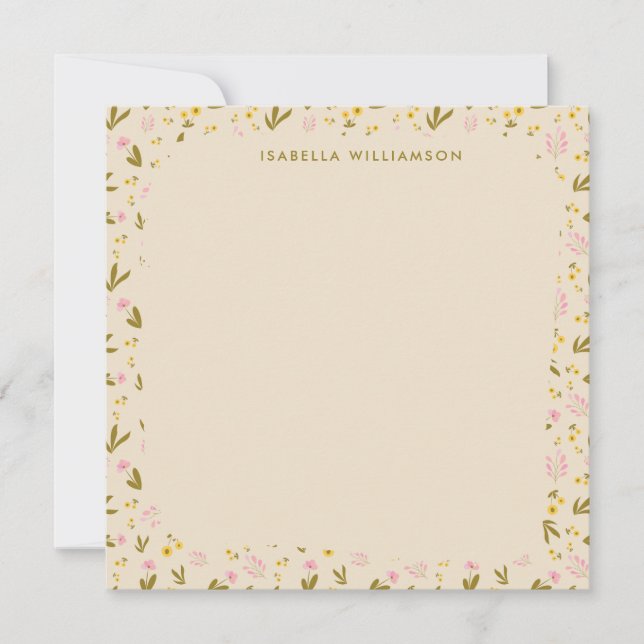 Ditsy Wildflower Border Pink Yellow Custom Name Note Card (Front)