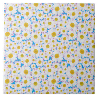 Ditzy Daisies on Blue Custom Ceramic Tile