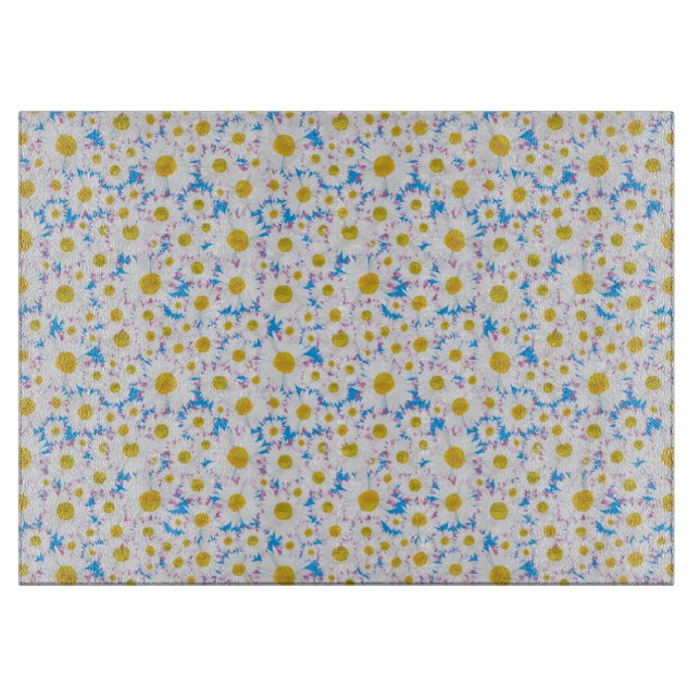 Ditzy Daisies on Blue Custom Glass Cutting Board (Front)