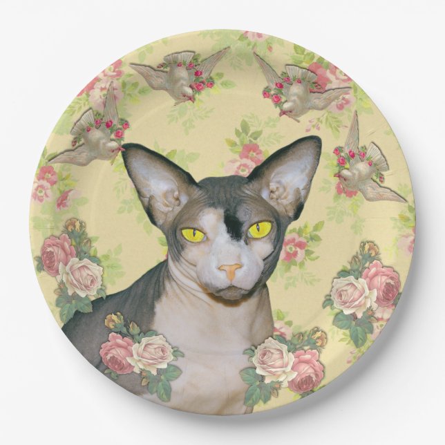 Ditzy Floral Sphynx Cat Dove Party Paper Plates (Front)