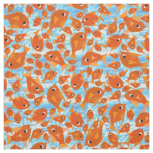 Ditzy Orange Fishes Pattern on Watery Blue Fabric