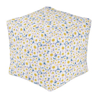 Ditzy White Daisies, Blue Custom Cube Pouf