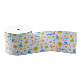Ditzy White Daisies, Blue Custom Grosgrain Ribbon