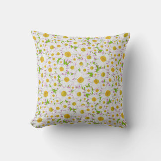 Ditzy White Daisies on Grass Green Background Throw Pillow