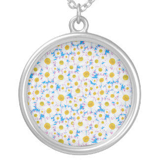 Ditzy White Daisies on Sky Blue Silver Plated Necklace