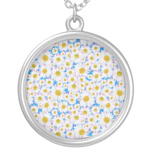 Ditzy White Daisies on Sky Blue Silver Plated Necklace